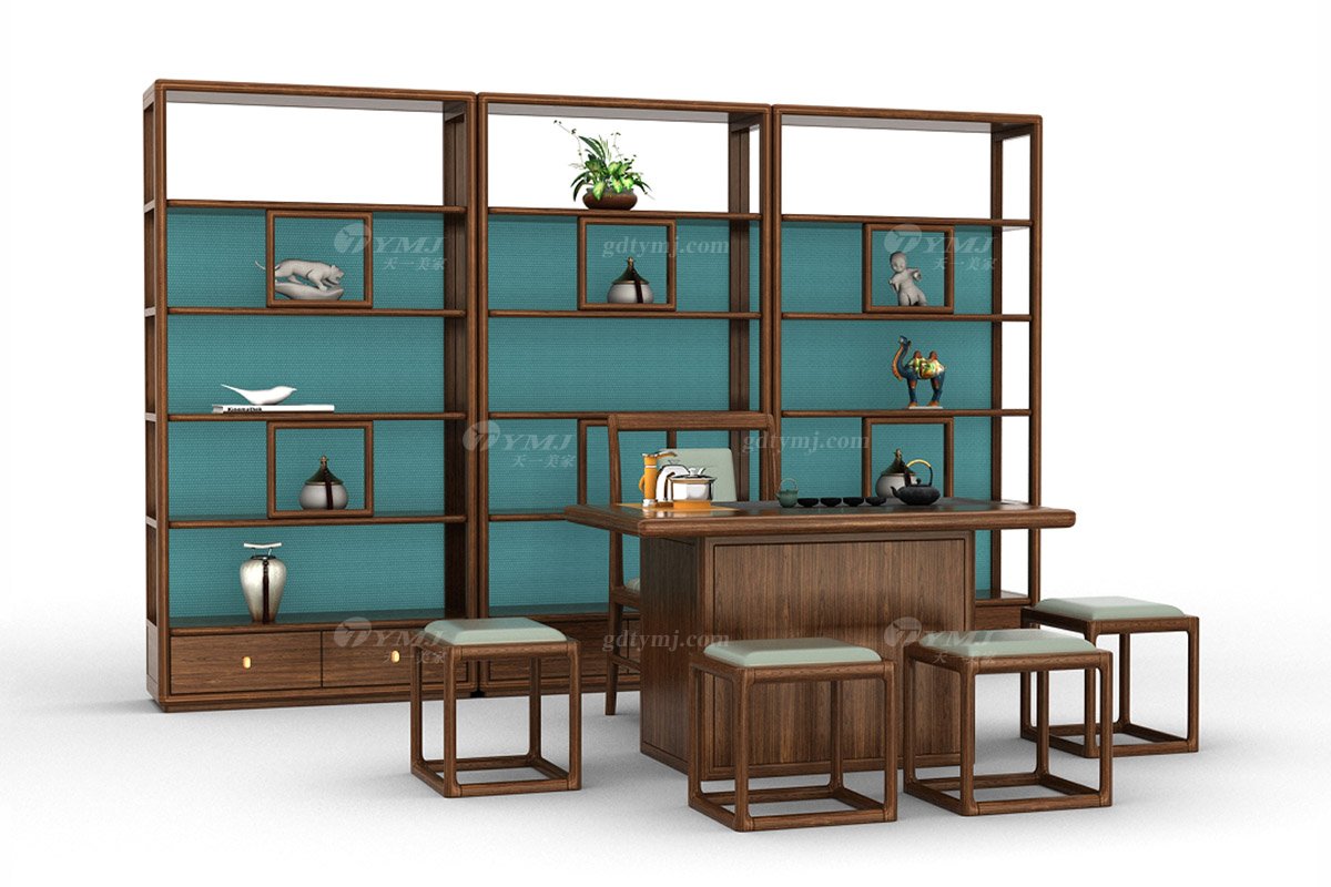 新中式風(fēng)格家具高端會(huì)所家具品牌簡約茶室家具實(shí)木+生態(tài)皮藝博古架H-XSBGJ博古架場景